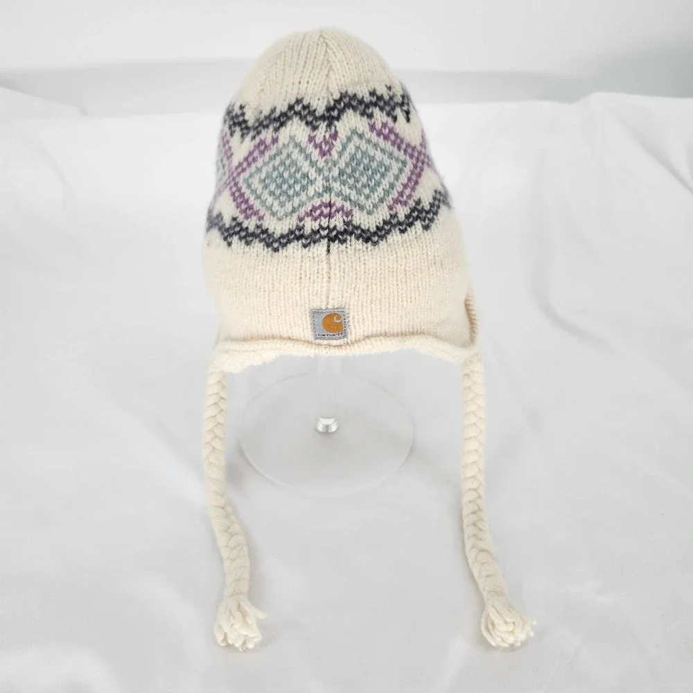 Carhartt Womens Picket Sherpa Lined Knit Earflap Hat Cream Fair Isle Lambswool